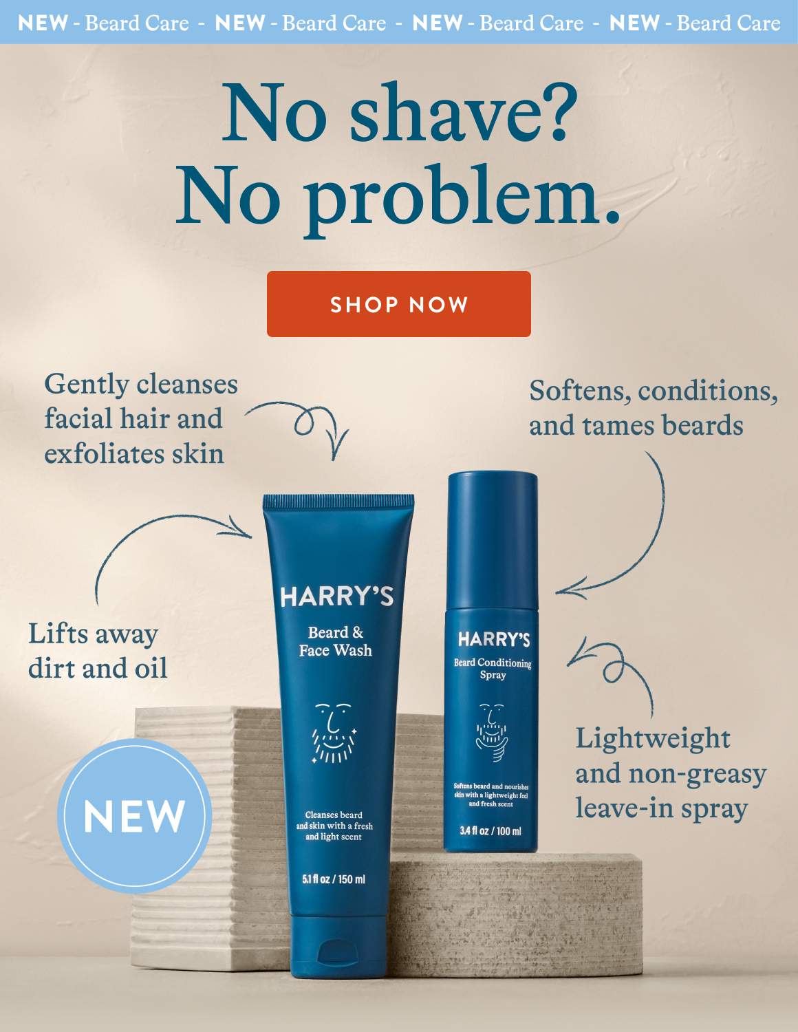 NEW - Beard Care. No Shave? No Problem. Image showing products and benefits