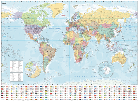 Giant World Wall Map (101 x 138 cm): Paper map with flags, capital cities, and countries of the world