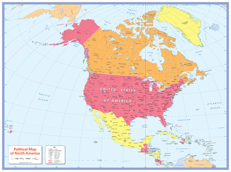Colour blind friendly Political Wall Map of North America