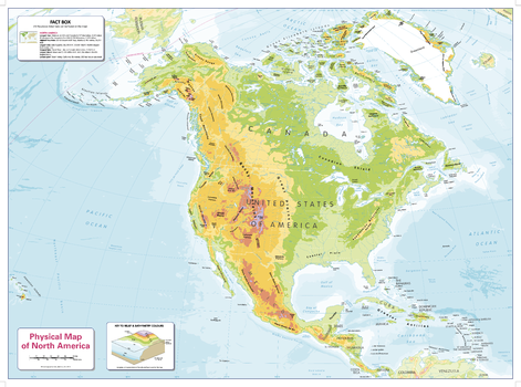 Colour Blind Friendly Children's Physical Map of North America