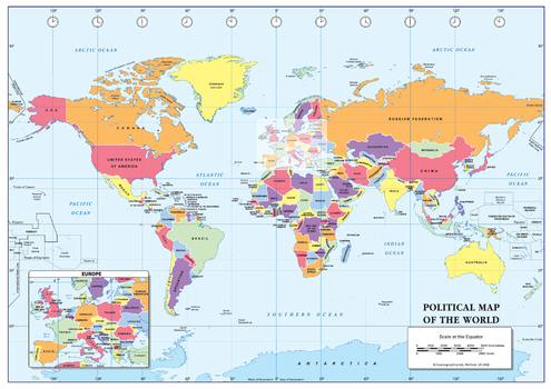 Colour Blind Friendly Political Wall Map of the World - A4