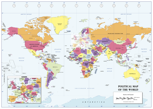 Colour Blind Friendly Political Wall Map of the World - Small