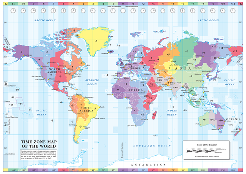 Colour Blind Friendly Time Zone Wall Map of the World - A3