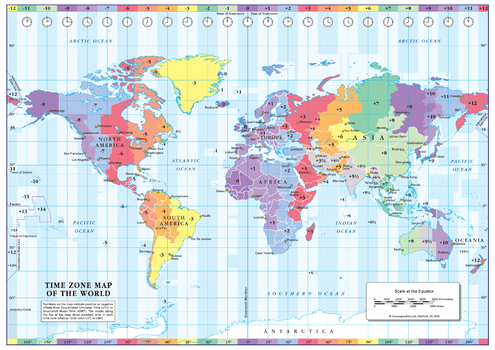 Colour Blind Friendly Time Zone Wall Map of the World - A4