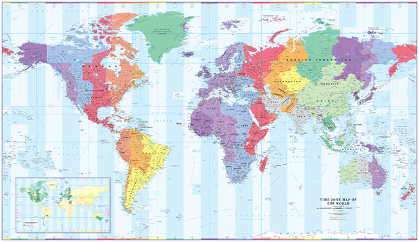 Colour Blind Friendly Time Zone Wall Map of the World - Extra Large