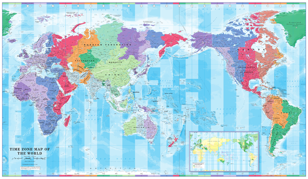 Pacific Centred Time Zone Wall Map of the World - Large