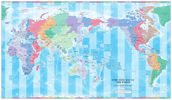 Pacific Centred Time Zone Wall Map of the World