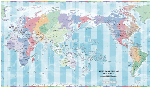 Pacific Centred Time Zone Wall Map of the World - Poster