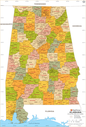 Alabama ZIP Code Map with Counties - Standard