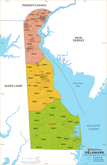 Delaware ZIP Code Map with Counties - Large