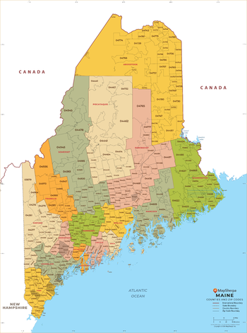 Maine ZIP Code Map with Counties - Large