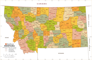 Montana ZIP Code Map with Counties - Large