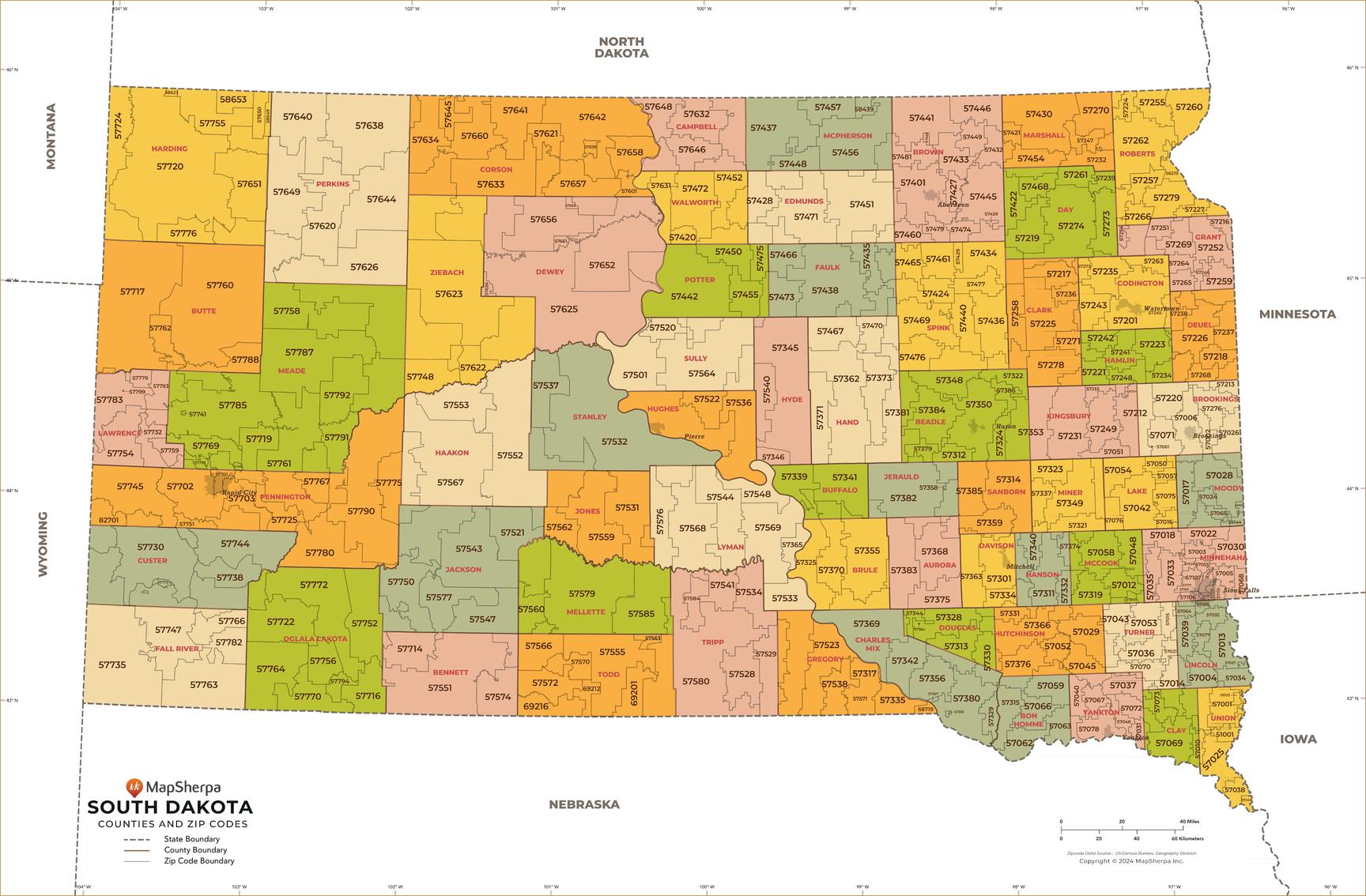 MapSherpa, South Dakota ZIP Code Map with Counties Large MapSherpa