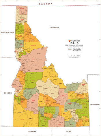 Idaho ZIP Code Map with Counties - Standard