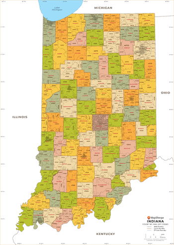 Indiana ZIP Code Map with Counties - Standard