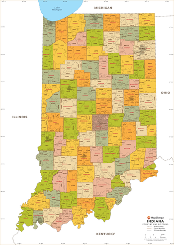 Indiana ZIP Code Map with Counties - Large