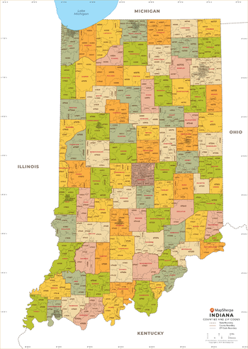 Indiana ZIP Code Map with Counties - Extra Large