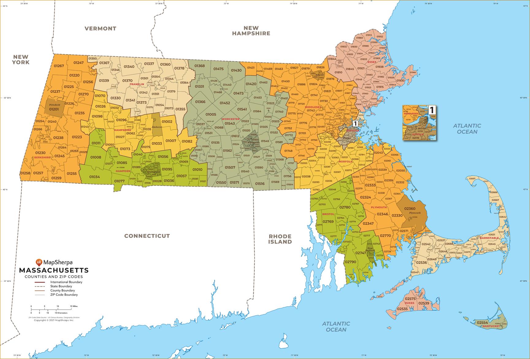 Mapsherpa Massachusetts Zip Code Map With Counties Standard Mapsherpa 5282