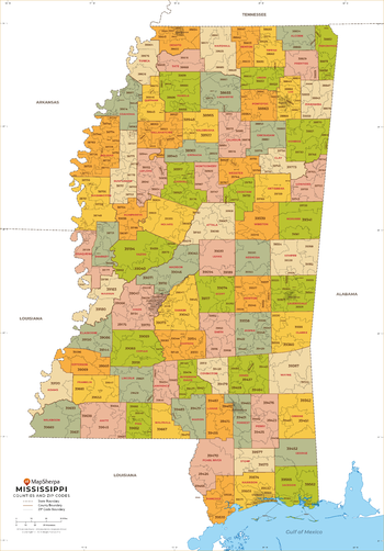 Mississippi ZIP Code Map with Counties - Large