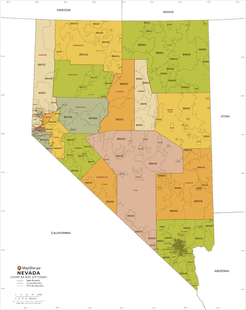 Nevada ZIP Code Map with Counties - Extra Large