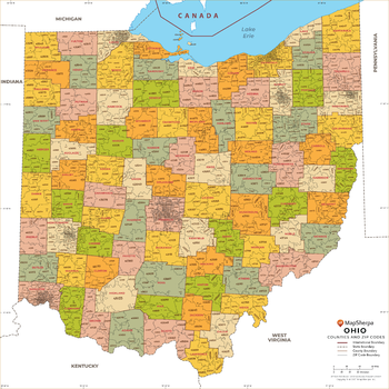 Ohio ZIP Code Map with Counties - Large