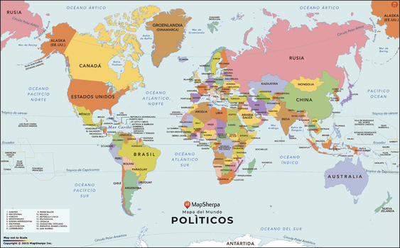 World Map with Countries in Spanish - Compact