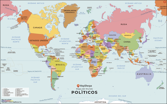 World Map with Countries in Spanish - Large