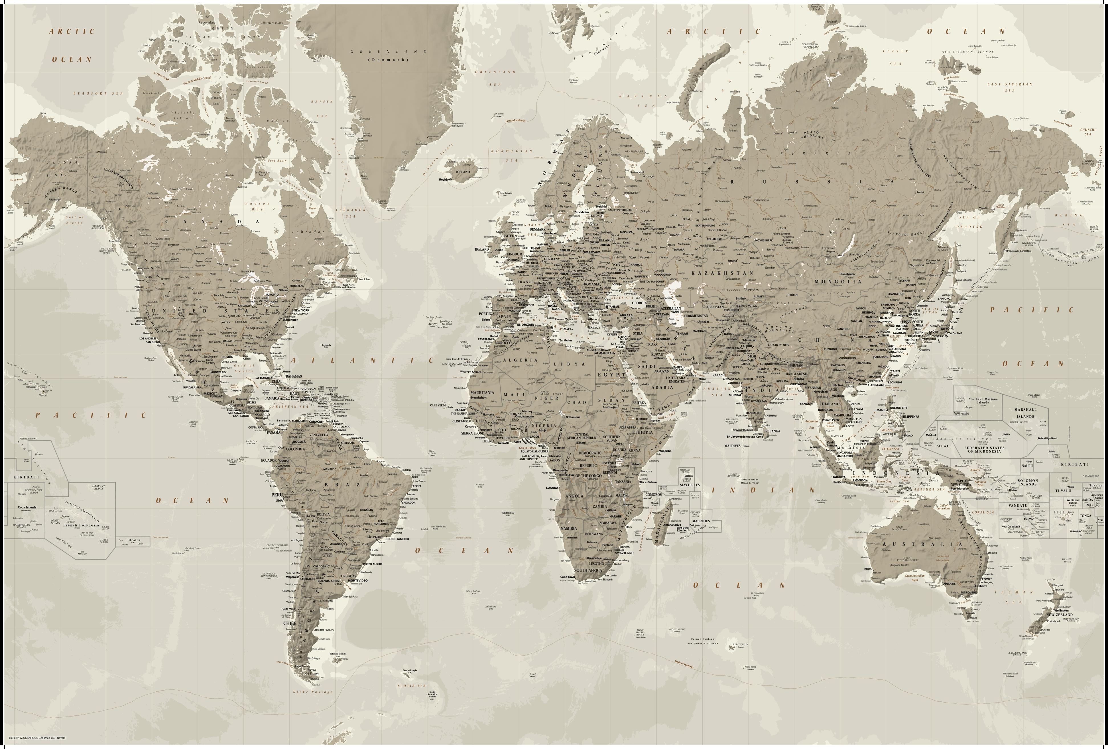 Political World Wall Map Silver Tones Extra