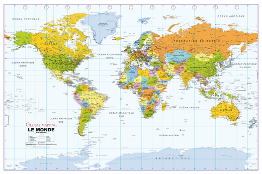 Political World Wall Map, French Language