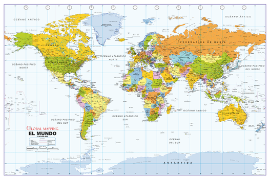 Political World Wall Map, Spanish Language