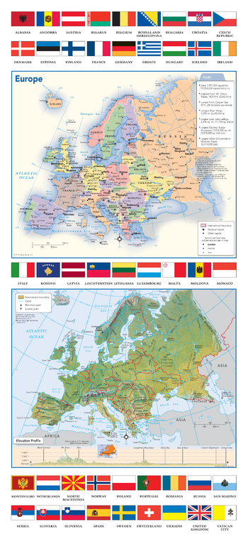 Europe Political & Physical Continent Map with Country Flags