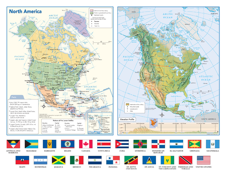 North America Political & Physical Continent Map with Country Flags