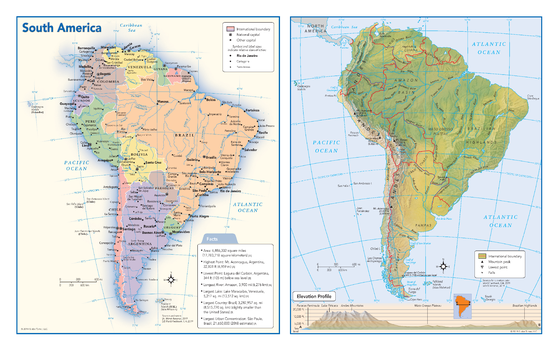 South America Political & Physical Continent Map