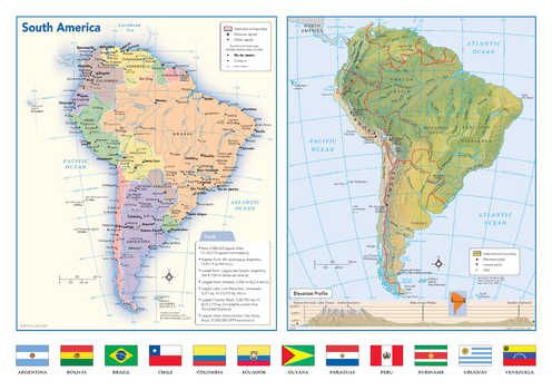 South America Political & Physical Continent Map with Country Flags
