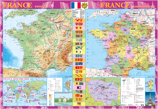 France Wall Map - Physical and Political - French - Extra Large