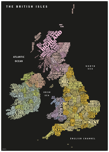 Graphic Map UK - counties, black background