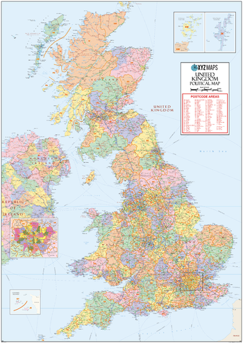 UK Political Postcode Area Large Wall Map (A2)