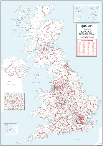 UK White Postcode Areas Large Wall Map (A3)