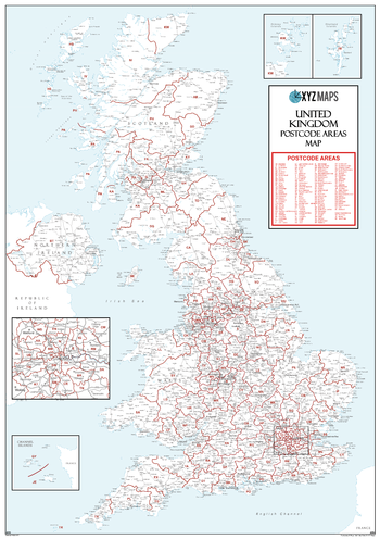 UK White Postcode Area Medium Wall Map (A4)