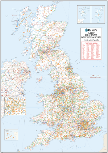 UK Roads Postcode Areas Large Wall Map (A5)