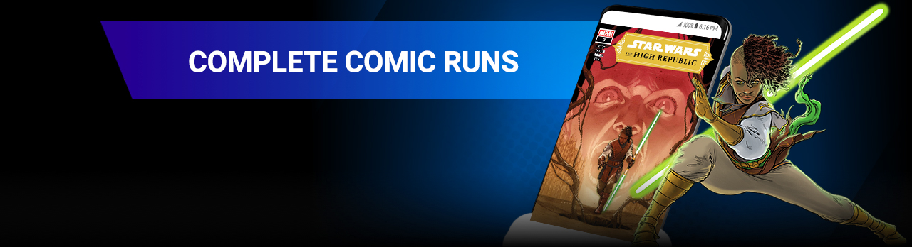 COMPLETE COMICS RUNS. From current series to classic fan-favorites, catch up on decades of comics lore that expands the Star Wars universe! Keeve Trennis next to screenshot of a phone with a comic. From current series to classic fan-favorites, catch up on decades of comics lore that expands the Star Wars universe!