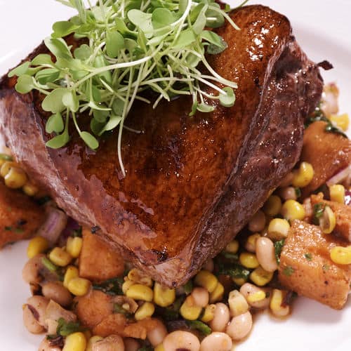 Sous Vide Boar Strip Loin with Sweet Potato and Corn Salad Recipe image