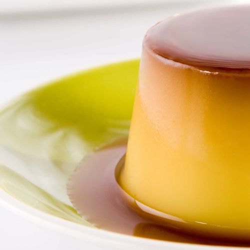 Sous Vide Crème Caramel, Satsuma Plum Gel, Toasted Pinenuts and Baby Shiso Recipe image