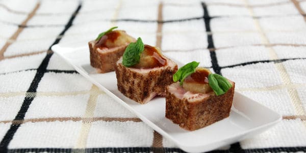 Seared tuna with pickled pear relish and asian accent sauce side