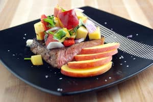 Hangar steak peach salsa