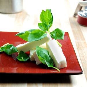 Basil siphon infused mozzarella square