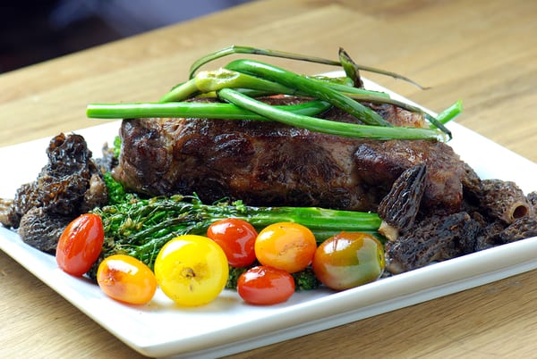 Sous vide ribeye morel scapes family