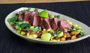Sous vide hangar steak succotash