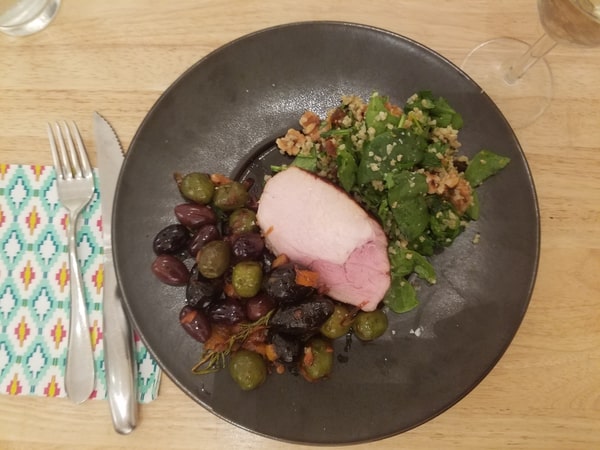 Sous vide pork loin olives over