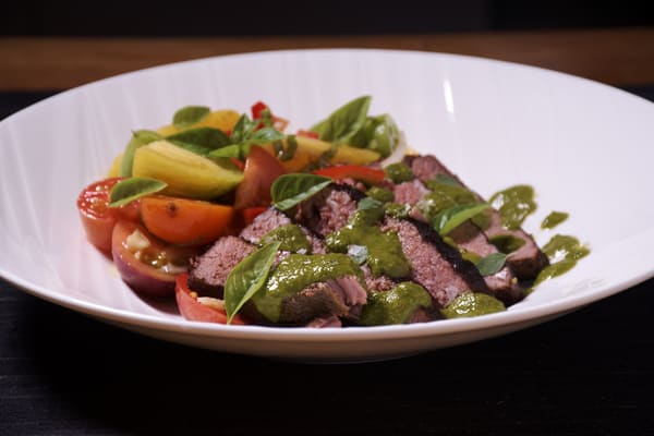 Sous vide 131 top round chimichurri sauce side